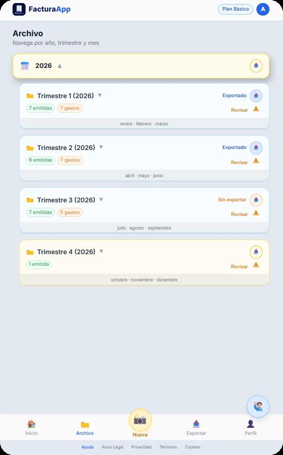 Archivo de FacturaApp organizado por trimestre, todo el año