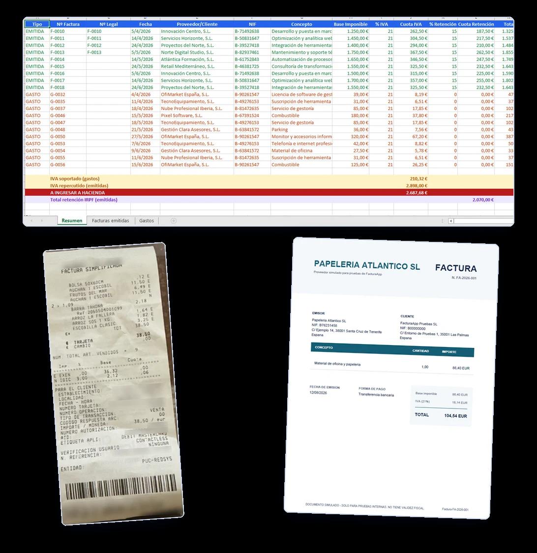 Lo que exporta FacturaApp: un Excel con el resumen, las facturas emitidas y los gastos, junto a las facturas en PDF y la foto original de un ticket